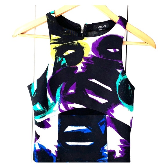 bebe Tops - Bebe crop top. Mesh Colorful printed black top. Xs